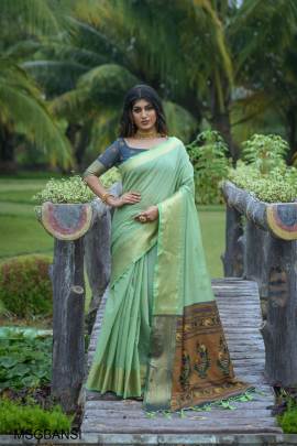 Green Premium chanderi silk saree with unique meena weaves fancy pallu 