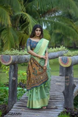 Green Premium chanderi silk saree with unique meena weaves fancy pallu