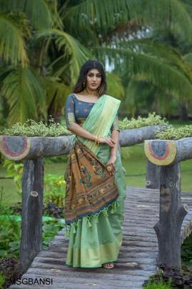 Green Premium chanderi silk saree with unique meena weaves fancy pallu 