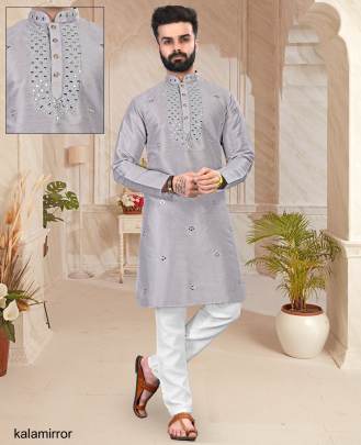 Grey Color Kala Mirror Work Vol 1 Mens Traditional Kurta Payjama