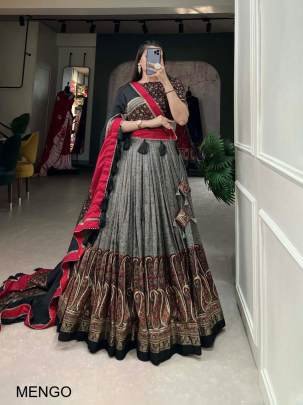 GREY Elevate your ethnic game with this breathtaking tussar silk lehenga choli featuring stunning Kashmiri print. Perfect for any special occasion MEN