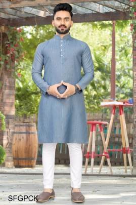 Grey Pure Cotton Kurta Payjama Slub Strip Fancy Fabric With Silver Weaving Lining 