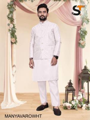 Heavy Banglori Silk Kurta Pyjama Koti Set in Off White