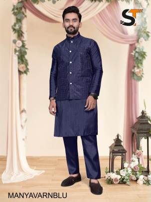 Heavy Banglori Silk Kurta Pyjama Koti Set in Navy Blue