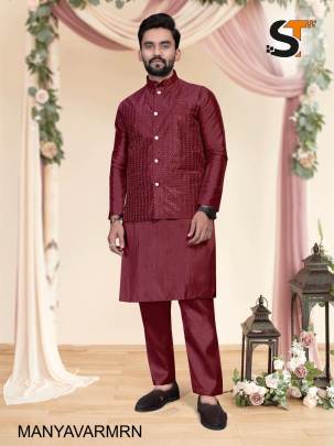 Heavy Banglori Silk Kurta Pyjama Koti Set in Maroon