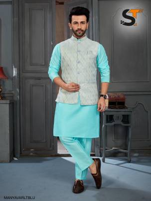 Heavy Banglori Silk Kurta Pyjama Koti Set in Light Blue