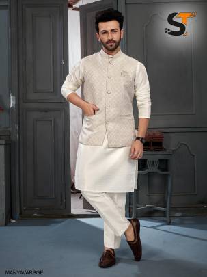 Heavy Banglori Silk Kurta Pyjama Koti Set in Beige