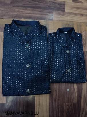 Heavy Banglori Silk Kurta Pyjama Koti Set in Navy Blue