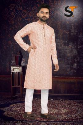 Heavy Jacquard With Inner and Beautiful Pintex Tie Kurta Pyjama in Light Orange