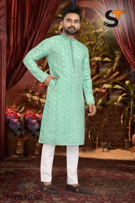 Heavy Jacquard With Inner and Beautiful Pintex Tie Kurta Pyjama in Light Rama Green