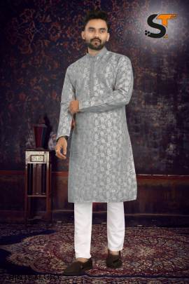 Heavy Jacquard With Inner and Beautiful Pintex Tie Kurta Pyjama in Grey