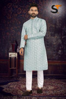 Heavy Jacquard With Inner and Beautiful Pintex Tie Kurta Pyjama in Light Blue