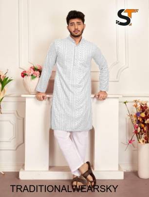 Heavy Rayon Chikan Work Kurta For Men in Sky Blue 