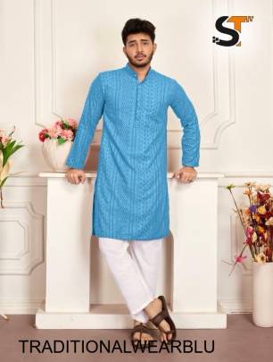 Heavy Rayon Chikan Work Kurta For Men in Blue 