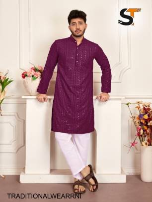 Heavy Rayon Chikan Work Kurta For Men in Rani 