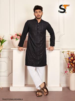 Heavy Rayon Chikan Work Kurta For Men in Black 