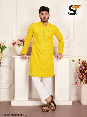 Heavy Rayon Chikan Work Kurta For Men in Yellow 