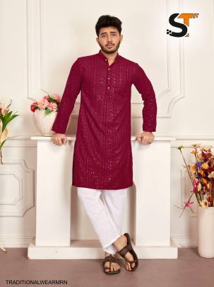 Heavy Rayon Chikan Work Kurta For Men in Maroon 