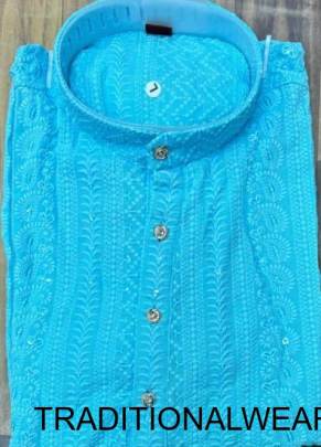 Heavy Rayon Chikan Work Kurta For Men in Blue
