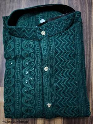 Heavy Rayon Chikan Work Kurta For Men in Dark Green