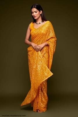 Honey Yellow Georgette Multiple Sequence Embroidery The Starlite Sarees Vol 1 By Zeel Clothing