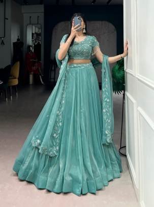 Intricate beads and fine thread embroidery come together to create a lehenga that feels effortlessly regal and festive 