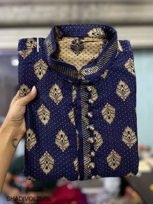 Jacquard with  Beautiful Collar and Tie Kurta For Men in Navy Blue