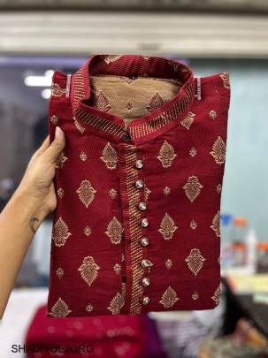 Jacquard with  Beautiful Collar and Tie Kurta For Men in Orange
