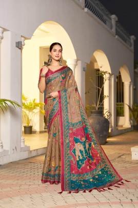 Kalamandir Fashion Persent Pranika Haldloom Printed Saree With jhumka