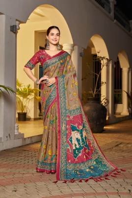 Kalamandir Fashion Persent Pranika Haldloom Printed Saree With jhumka