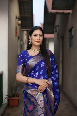 KALASH New Premium And High Quality Comfortable Bandhej Silk Drapes That Is Super Stylish And Pretty  in Blue colour