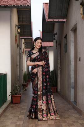 KALASH New Premium And High Quality Comfortable Bandhej Silk Drapes That Is Super Stylish And Pretty  in Black colour