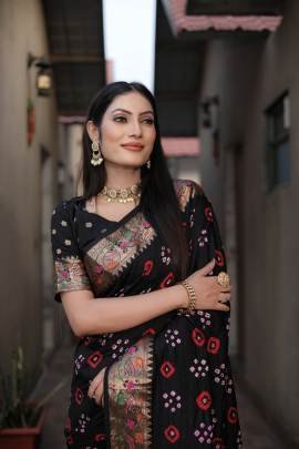 KALASH New Premium And High Quality Comfortable Bandhej Silk Drapes That Is Super Stylish And Pretty  in Black colour