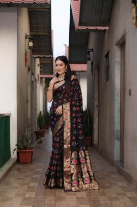 KALASH New Premium And High Quality Comfortable Bandhej Silk Drapes That Is Super Stylish And Pretty  in Black colour