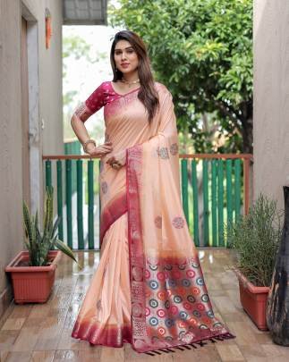 KAMLIKA  Beautiful Trendly Collection In Dola Silk Sarees With All Over Unique Butta Designs And Contrast Rich Weaving Pallu And Contrast Border  in L