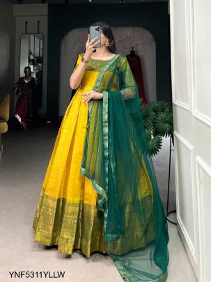 Kanjivaram Gown Adorned with a Graceful Net Dupatta in Yellow