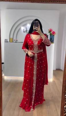 Launching Embroidered Gown Embroidery Sequence Work In Red Colour 