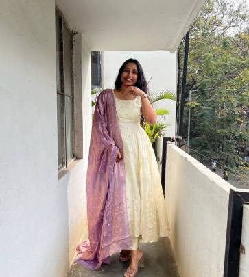 Launching Embroidered Gown Embrodery Sequence Work IN Cream Colour Gown And purple Colour Dupatta 