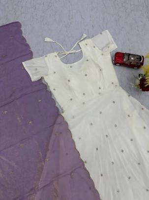 Launching Embroidered Gown Embrodery Sequence Work IN Cream Colour Gown And purple Colour Dupatta
