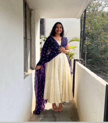 Launching Embroidered Gown Embrodery Sequence Work IN Cream Colour Gown And Blue Colour Dupatta