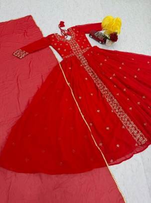 Launching Embroidered Gown Embroidery Sequence Work In Red Colour