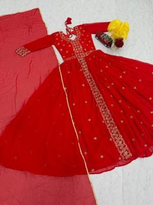 Launching Embroidered Gown Embroidery Sequence Work In Red Colour