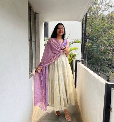 Launching Embroidered Gown Embrodery Sequence Work IN Cream Colour Gown And purple Colour Dupatta