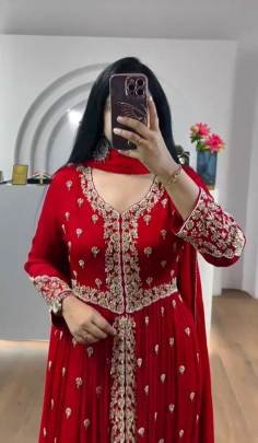 Launching Embroidered Gown Embroidery Sequence Work In Red Colour
