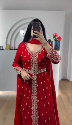 Launching Embroidered Gown Embroidery Sequence Work In Red Colour