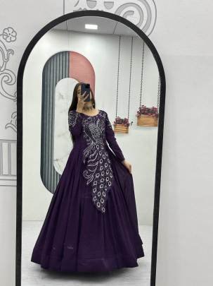 Launching Embroidered Gown Heavy Embrodery Sequence Work In Purple Colour 