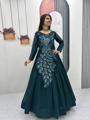 Launching Embroidered Gown Heavy Embrodery Sequence Work In Green Colour 