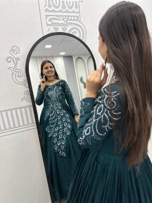 Launching Embroidered Gown Heavy Embrodery Sequence Work In Green Colour