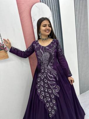 Launching Embroidered Gown Heavy Embrodery Sequence Work In Purple Colour