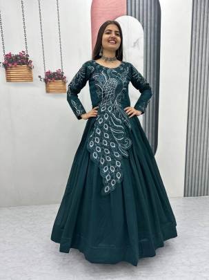 Launching Embroidered Gown Heavy Embrodery Sequence Work In Green Colour